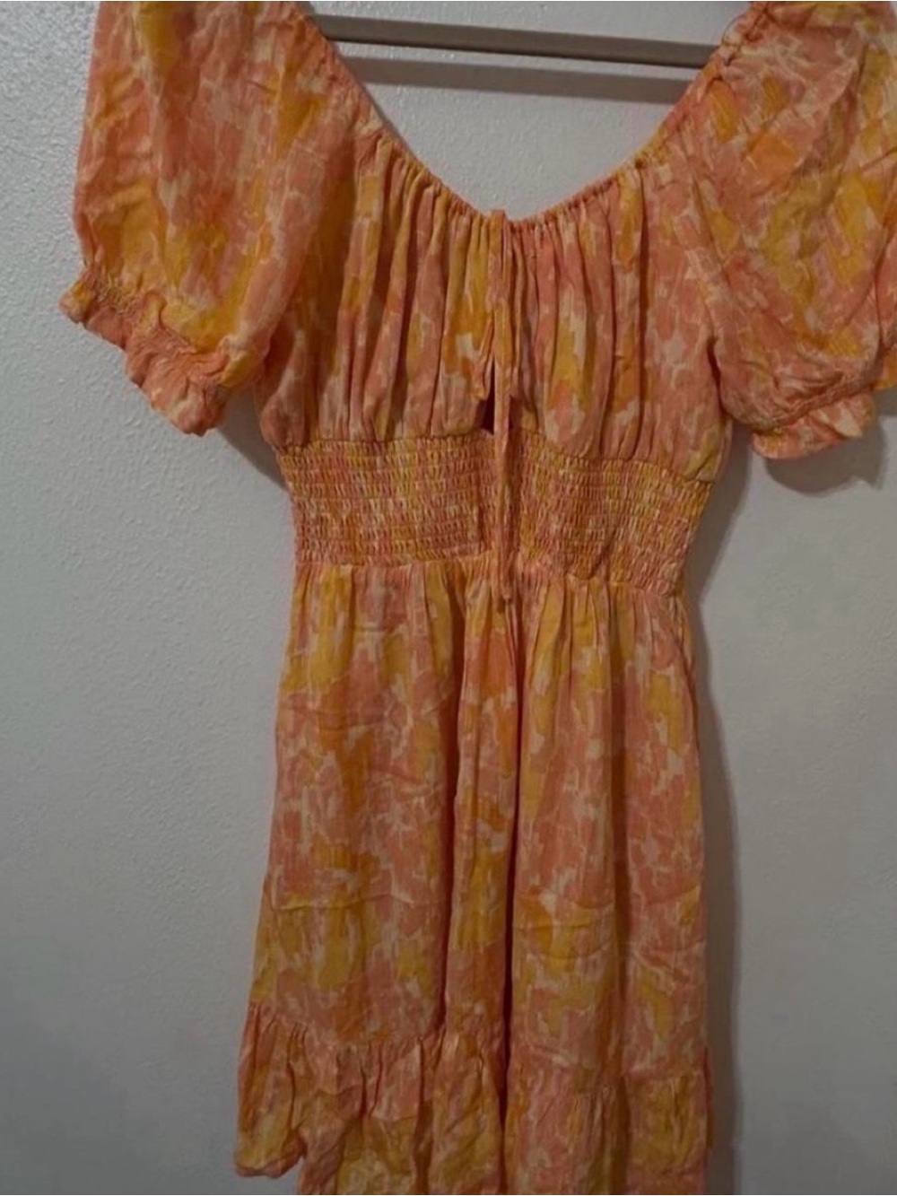 Orange and Pink Smocked Women’s Mini Dress Puff Sleeves